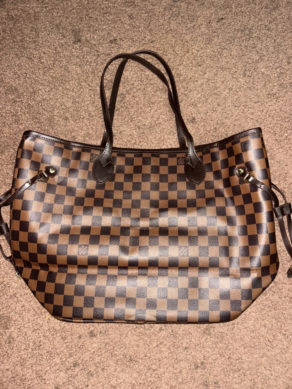 New Brown Checkered Tote Bag with Removable Pouch - Picture 3 of 5